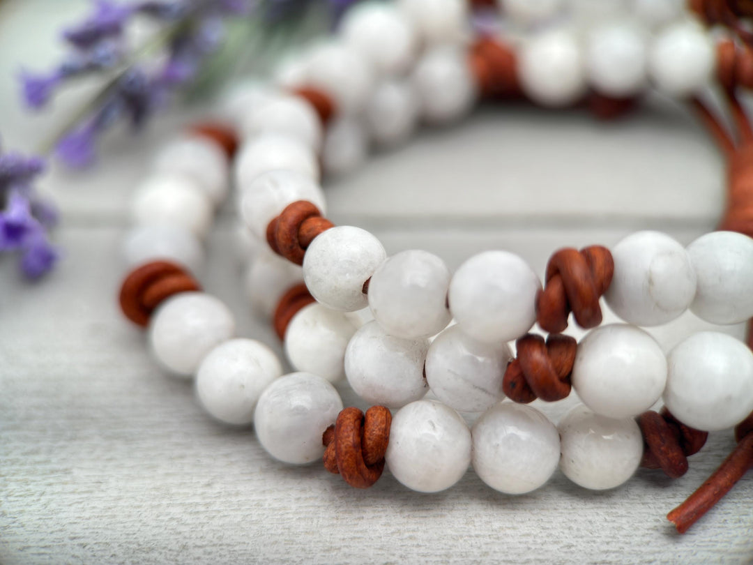 White Moonstone and Rustic Brown Leather Bracelet - SunlightSilver