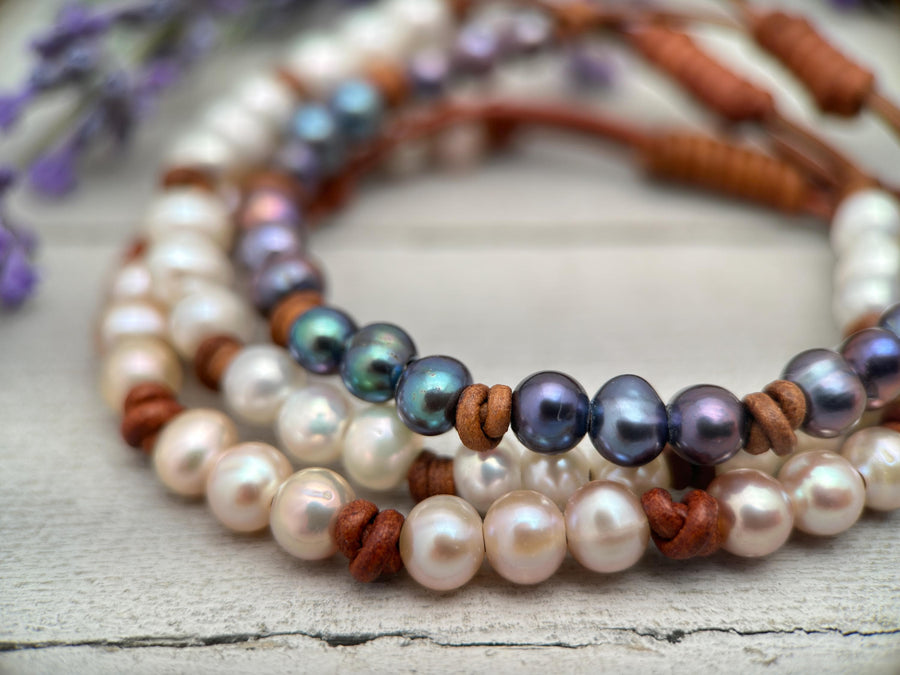 Leather and Pearl Stacking Bracelets - SunlightSilver