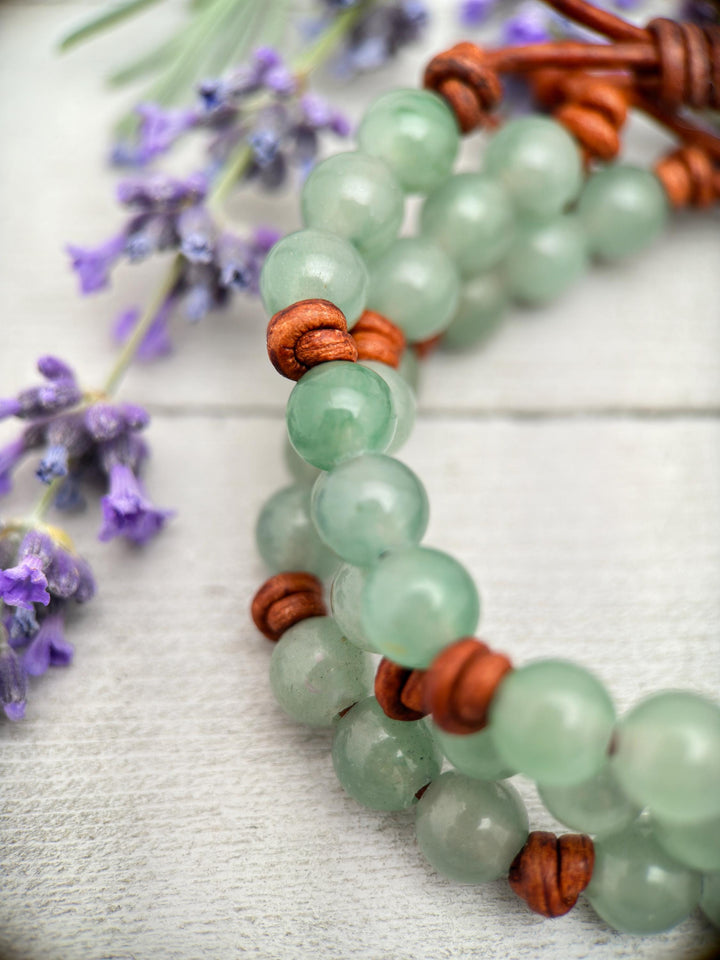 Aventurine Gemstone and Rustic Brown Leather Layering Bracelet - SunlightSilver