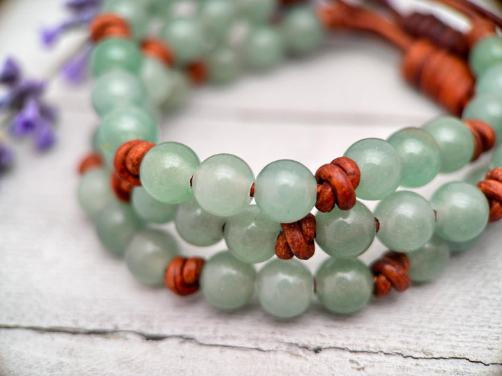 Aventurine Gemstone and Rustic Brown Leather Layering Bracelet - SunlightSilver