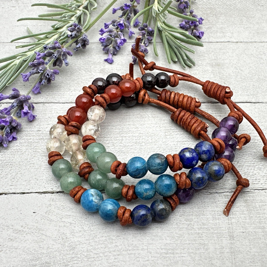 7 Chakra Gemstone Crystal Leather Bracelet. Amethyst, Lapis, Apatite, Aventurine, Citrine, Carnelian and Garnet - SunlightSilver