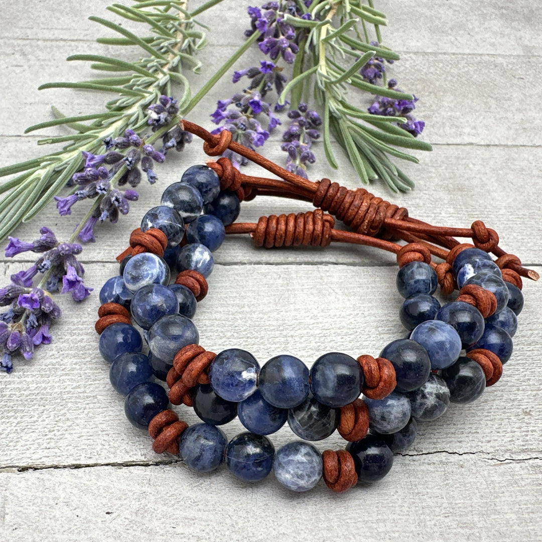 Sodalite Gemstone and Rustic Brown Leather Stacking Bracelet - SunlightSilver