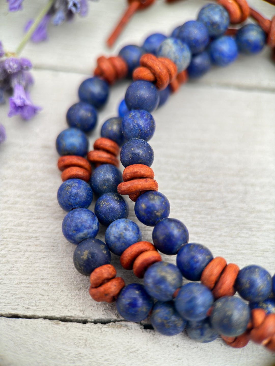 Lapis Lazuli and Rustic Brown Leather Bracelet. Smaller 5-6mm Matte Beads - SunlightSilver