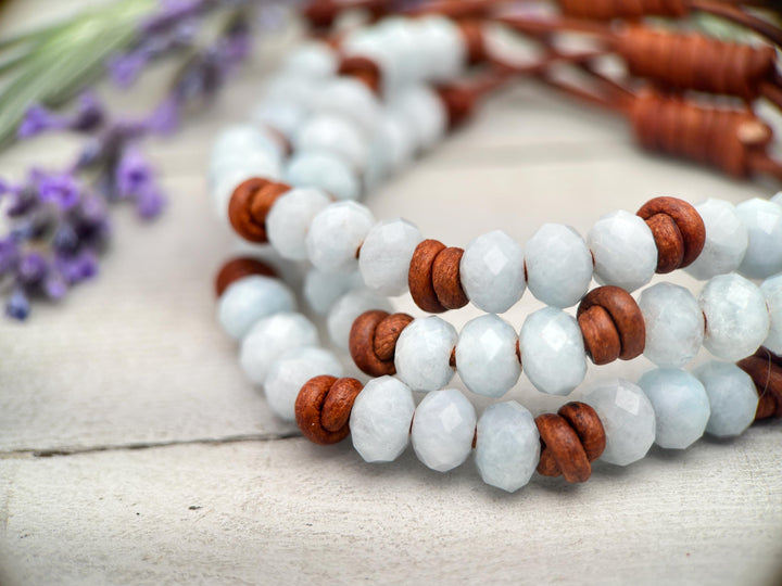Aquamarine and Rustic Brown Leather Bracelet - SunlightSilver