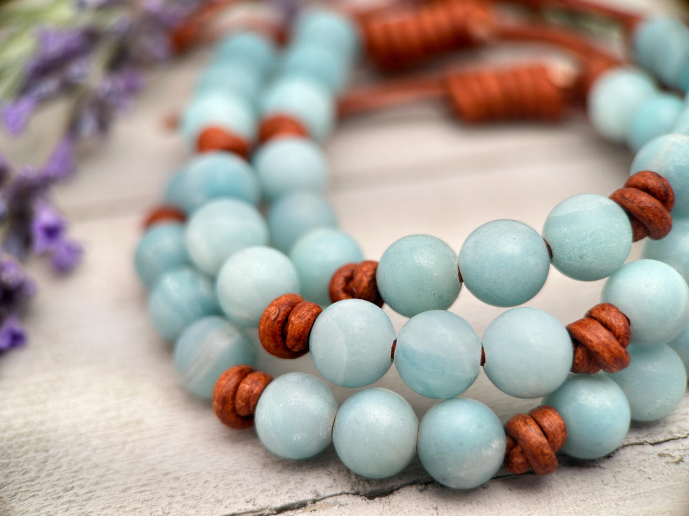 Blue Amazonite Gemstone and Rustic Brown Leather Bracelet. - SunlightSilver