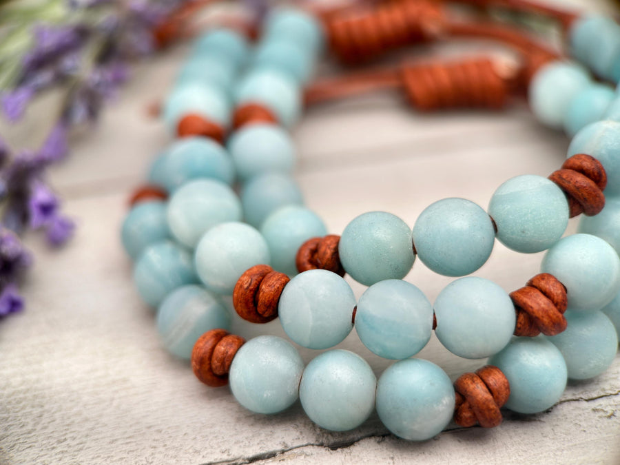 Blue Amazonite Gemstone and Rustic Brown Leather Bracelet - SunlightSilver