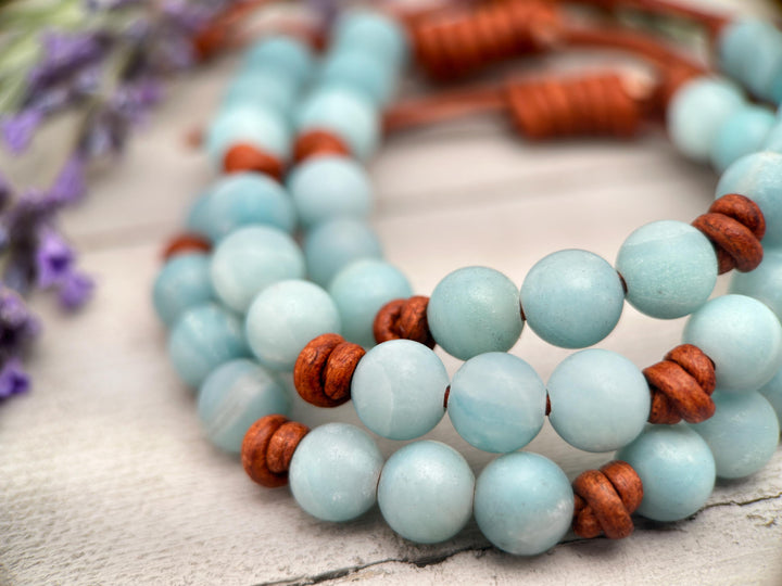 Blue Amazonite Gemstone and Rustic Brown Leather Bracelet - SunlightSilver