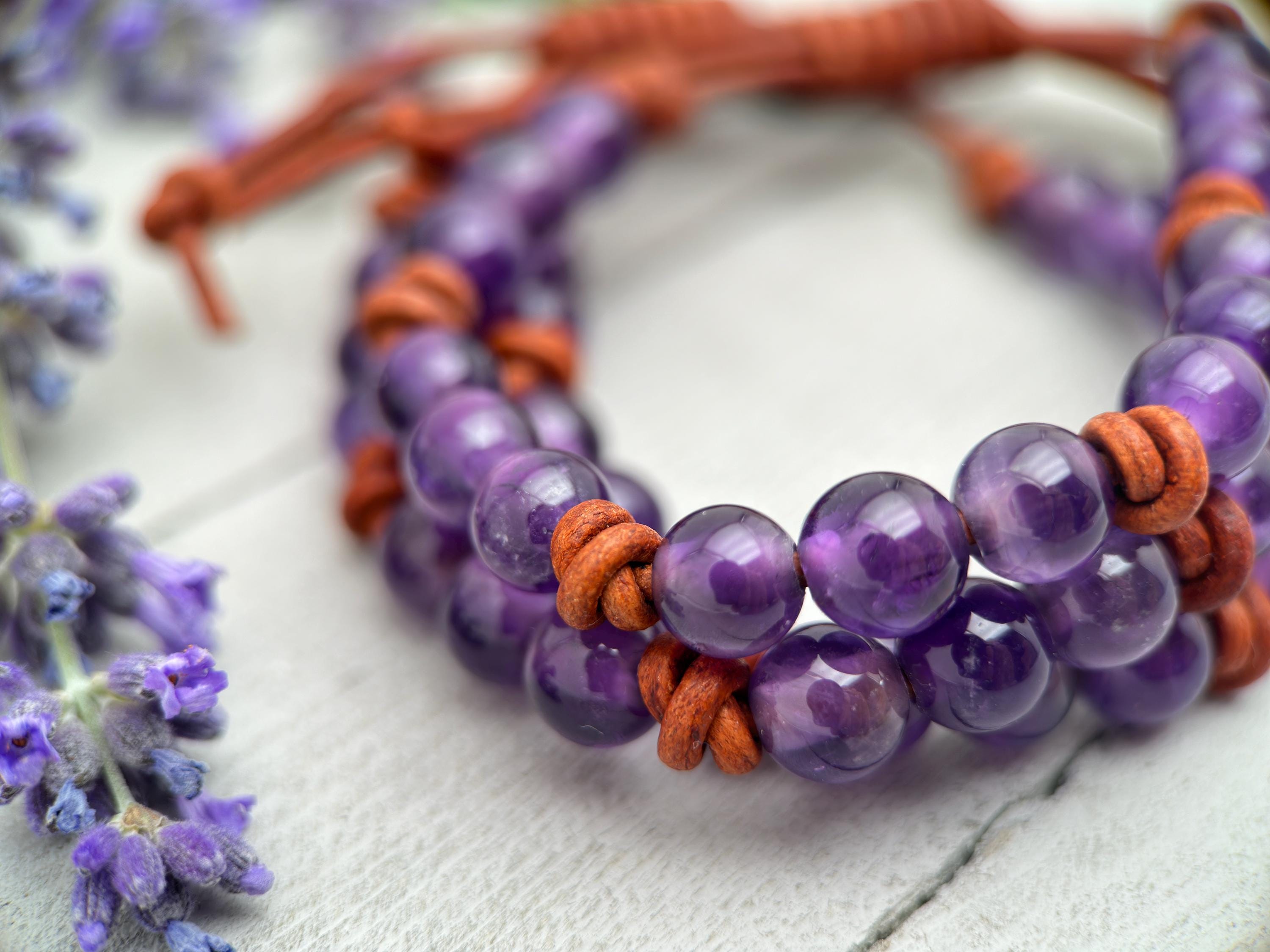 Amethyst Crystal and Leather Gemstone Stacking Bracelet Sunlight Silver Jewelry