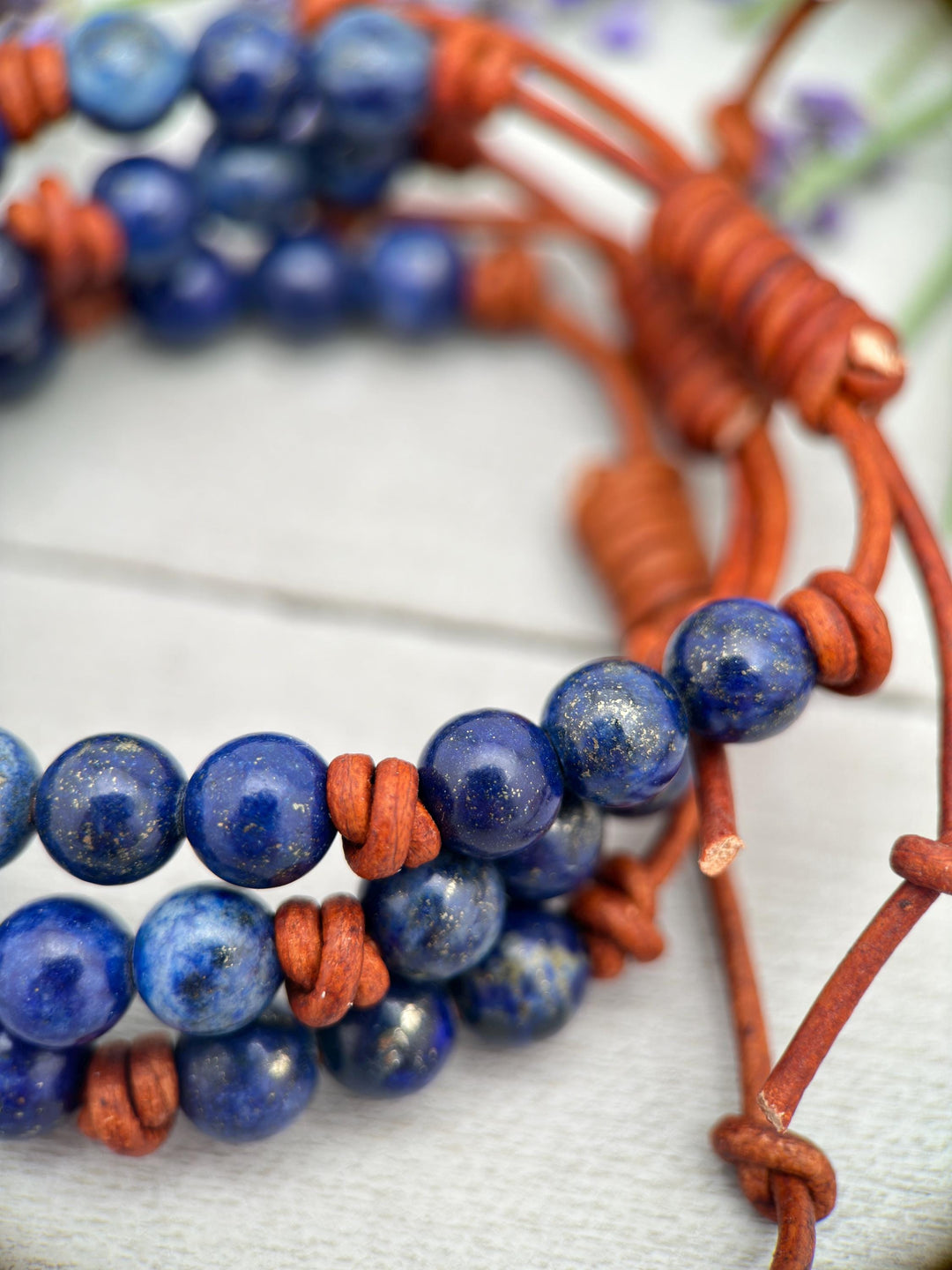 Lapis Lazuli and Rustic Brown Leather Bracelet - SunlightSilver