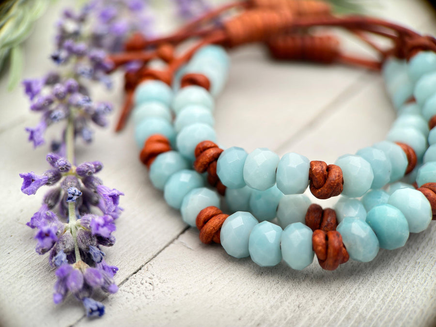 Amazonite and Rustic Brown Leather Bracelet - SunlightSilver