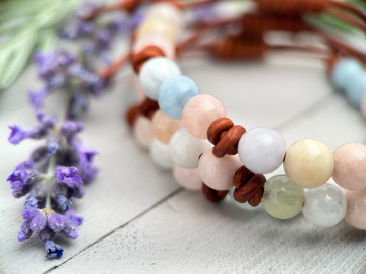 Beryl Gemstone Leather Bracelet with Morganite, Aquamarine, Emerald, Heliodor - SunlightSilver