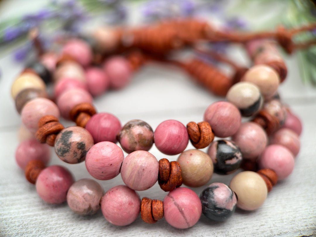 Rhodonite and Leather Gemstone Stacking Bracelet - SunlightSilver