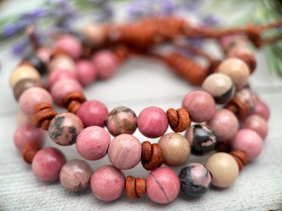 Rhodonite and Leather Gemstone Stacking Bracelet - SunlightSilver