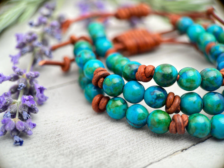 Azurite Gemstone and Rustic Brown Leather Bracelet - SunlightSilver