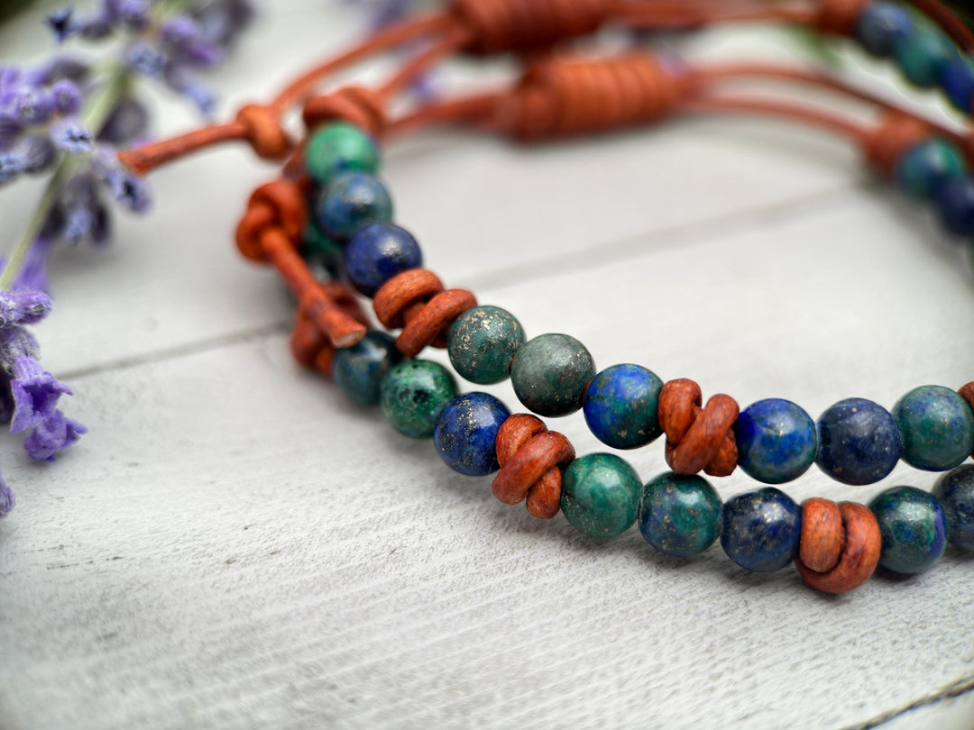 Lapis Malachite Gemstone and Rustic Brown Leather Bracelet - SunlightSilver