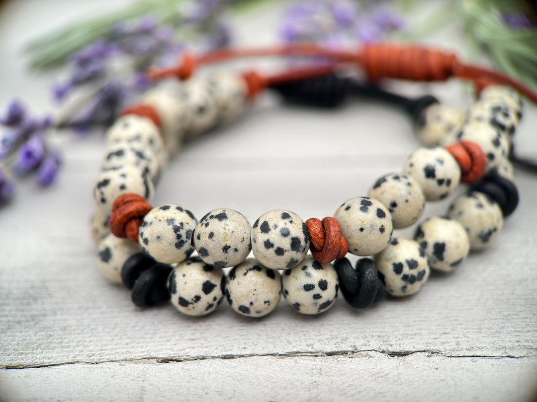 Dalmatian Jasper and Leather Gemstone Bracelet - SunlightSilver