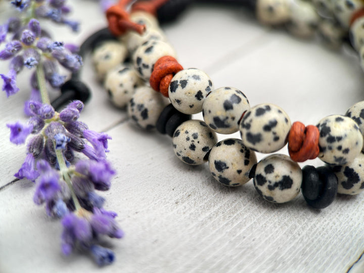 Dalmatian Jasper and Leather Gemstone Bracelet - SunlightSilver