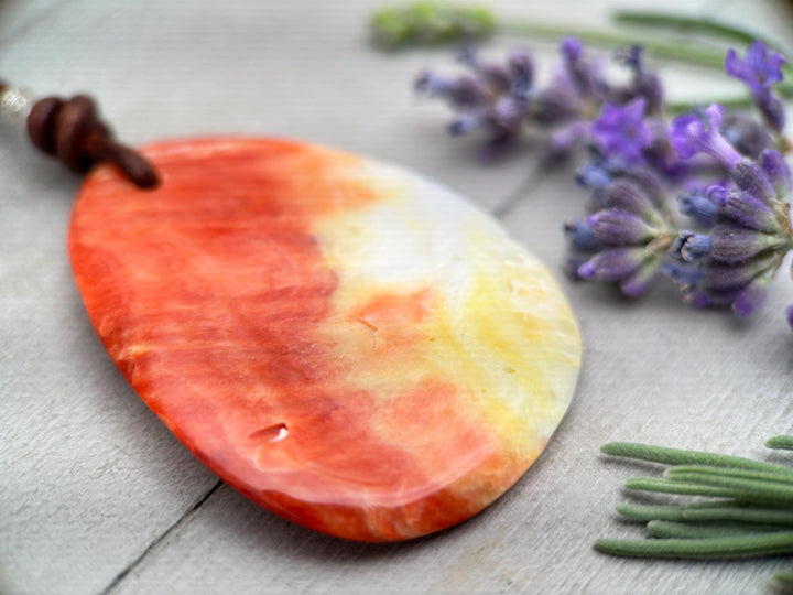 Beautiful Red Spiny Oyster Shell, Thai Hill Tribe Silver and Rustic Brown Leather Necklace - SunlightSilver