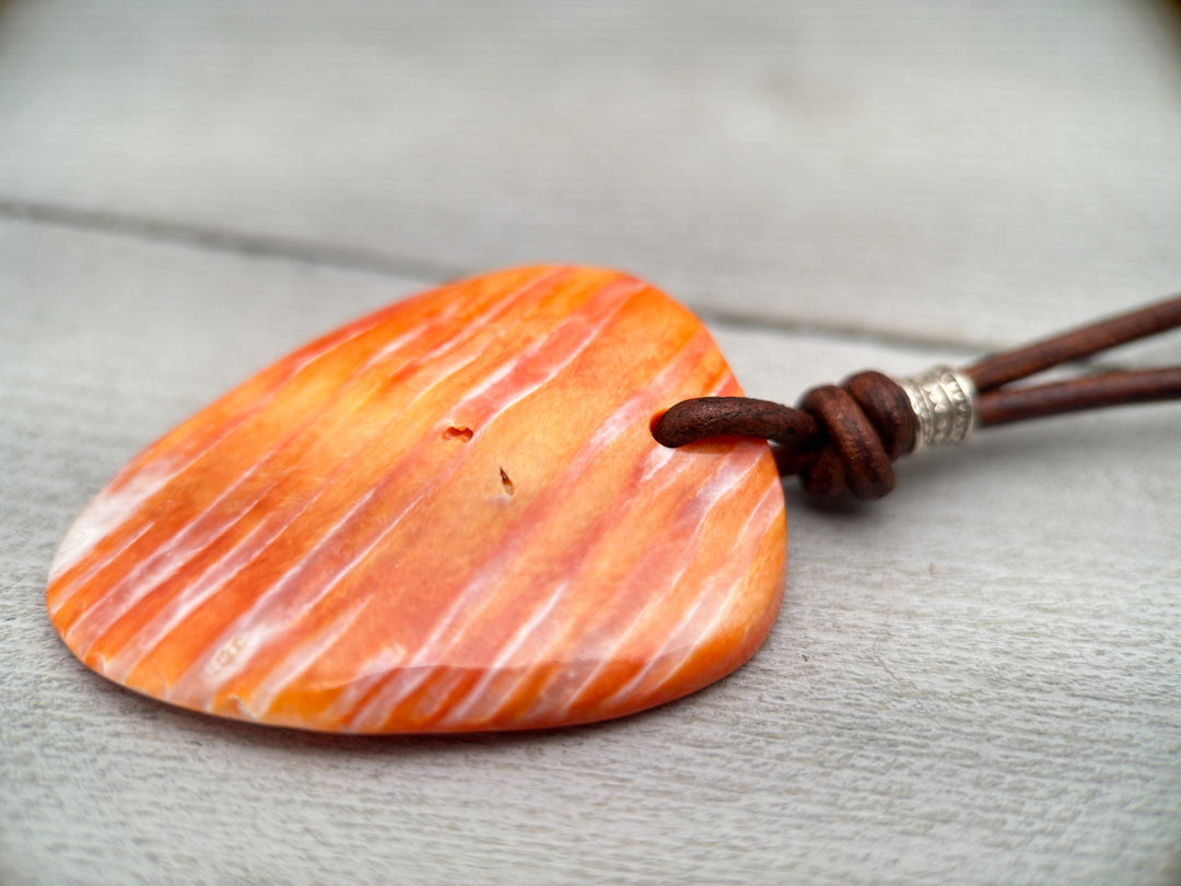 Beautiful Orange Spiny Oyster Shell, Thai Hill Tribe Silver and Leather Necklace - SunlightSilver