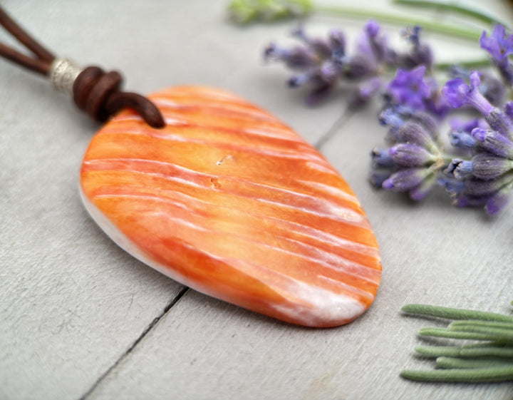 Beautiful Orange Spiny Oyster Shell, Thai Hill Tribe Silver and Leather Necklace - SunlightSilver