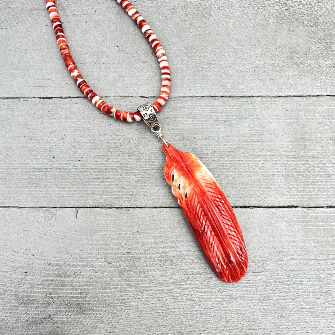 Large Carved Red Spiny Oyster Feather and Sterling Silver Pendant - SunlightSilver