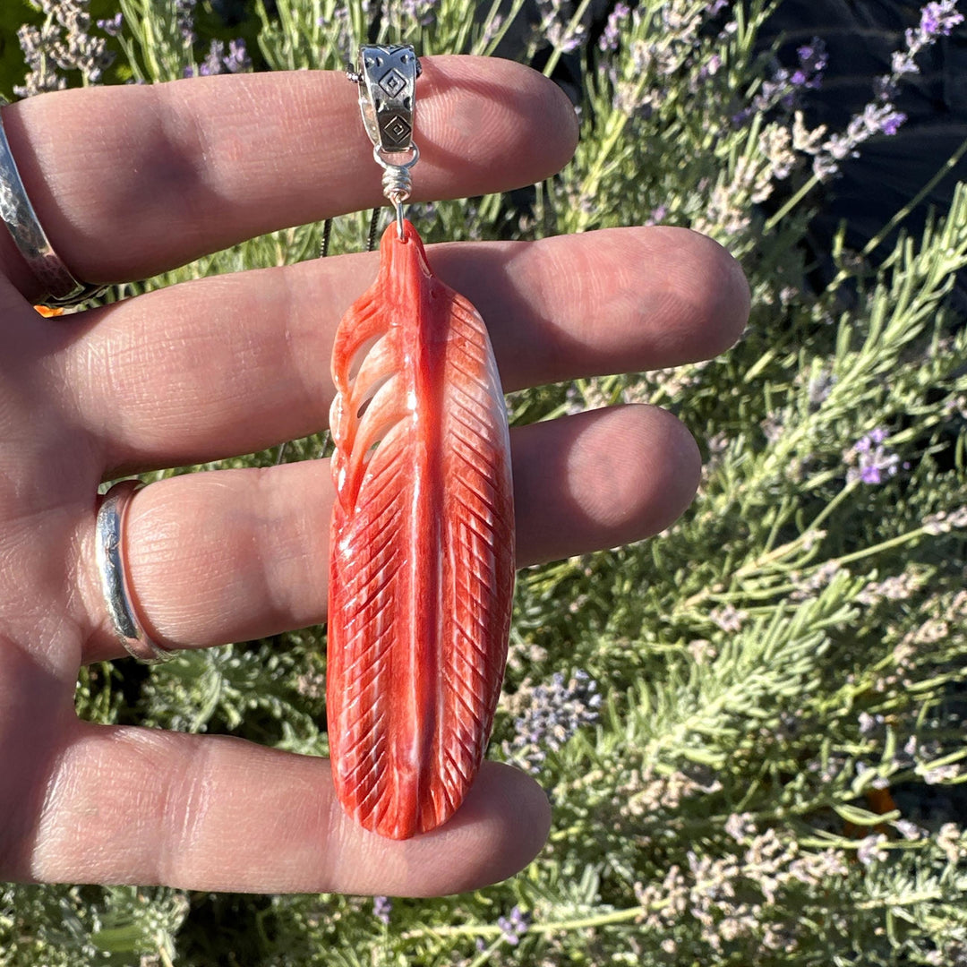 Large Carved Red Spiny Oyster Feather and Sterling Silver Pendant - SunlightSilver