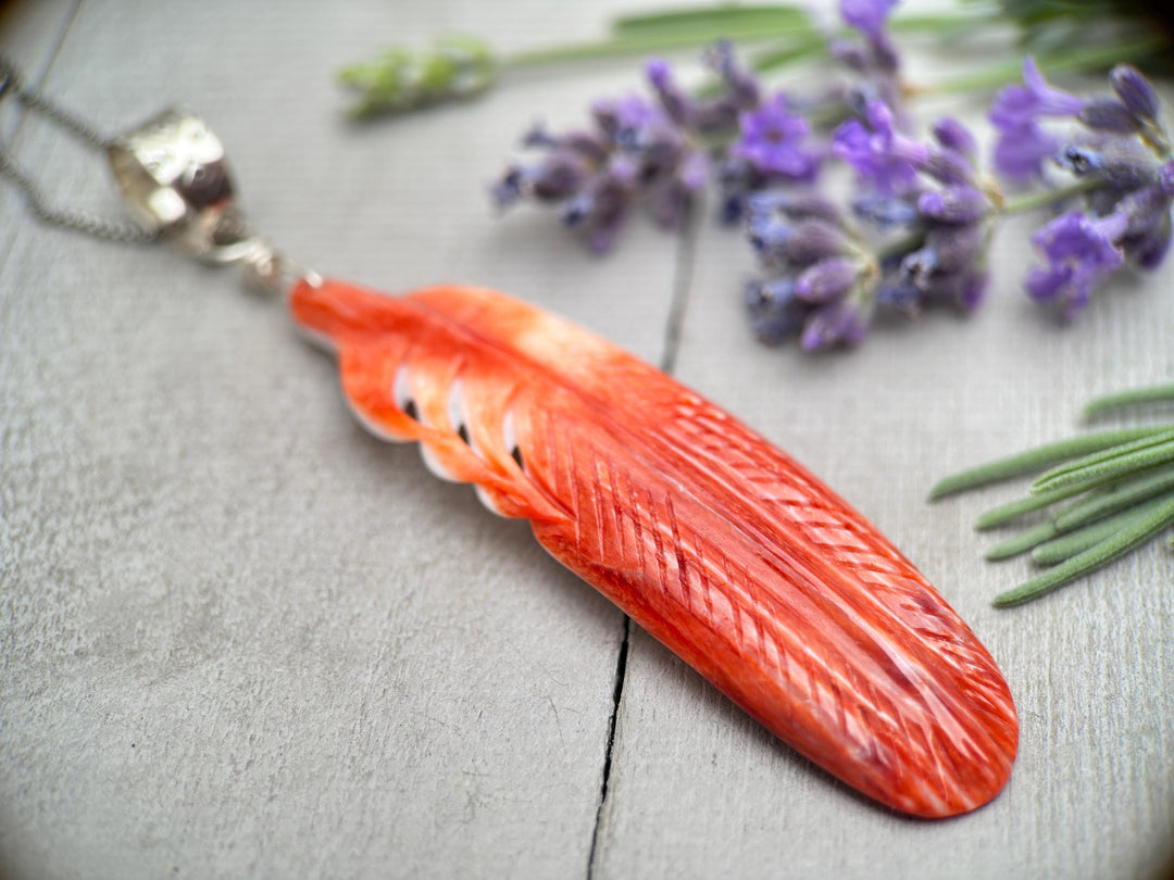 Large Carved Red Spiny Oyster Feather and Sterling Silver Pendant - SunlightSilver