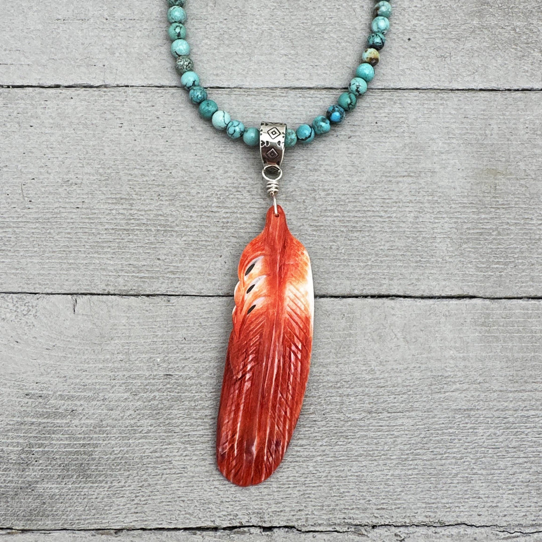 Large Carved Red Spiny Oyster Feather and Sterling Silver Pendant - SunlightSilver