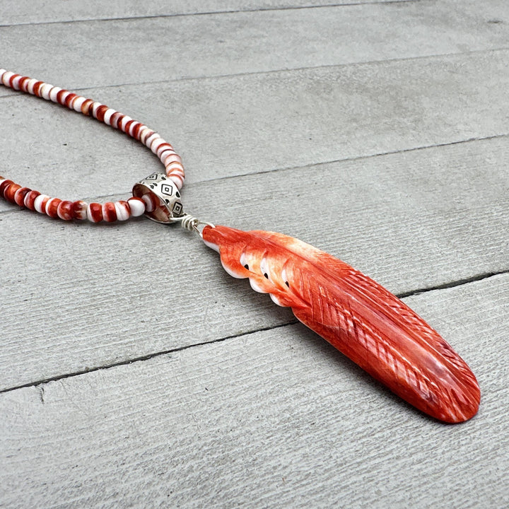 Large Carved Red Spiny Oyster Feather and Sterling Silver Pendant - SunlightSilver