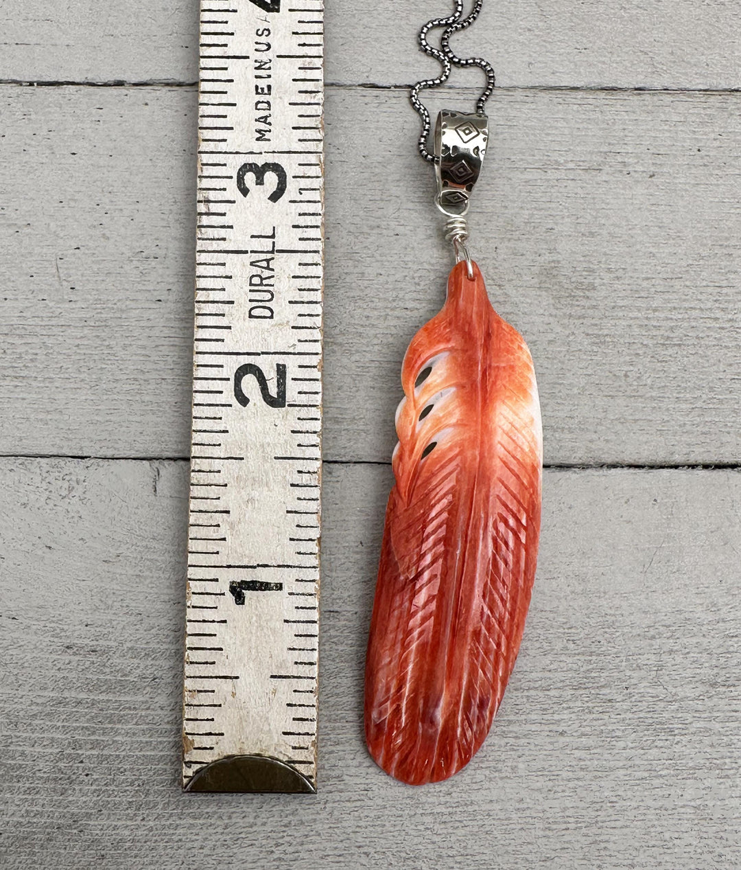 Large Carved Red Spiny Oyster Feather and Sterling Silver Pendant - SunlightSilver