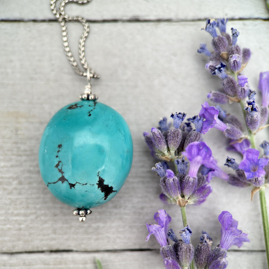 Large Turquoise Pendant on a Sterling Silver Chain - SunlightSilver