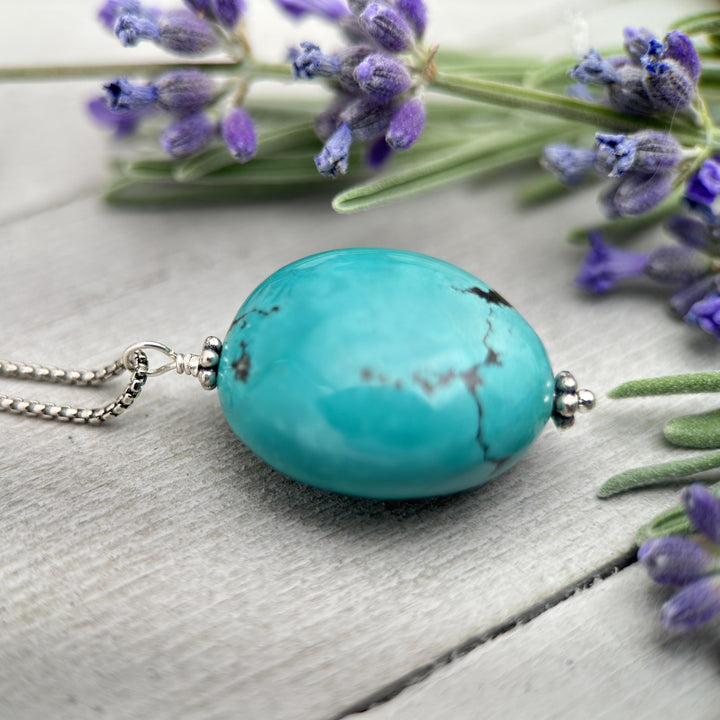 Large Turquoise Pendant on a Sterling Silver Chain - SunlightSilver