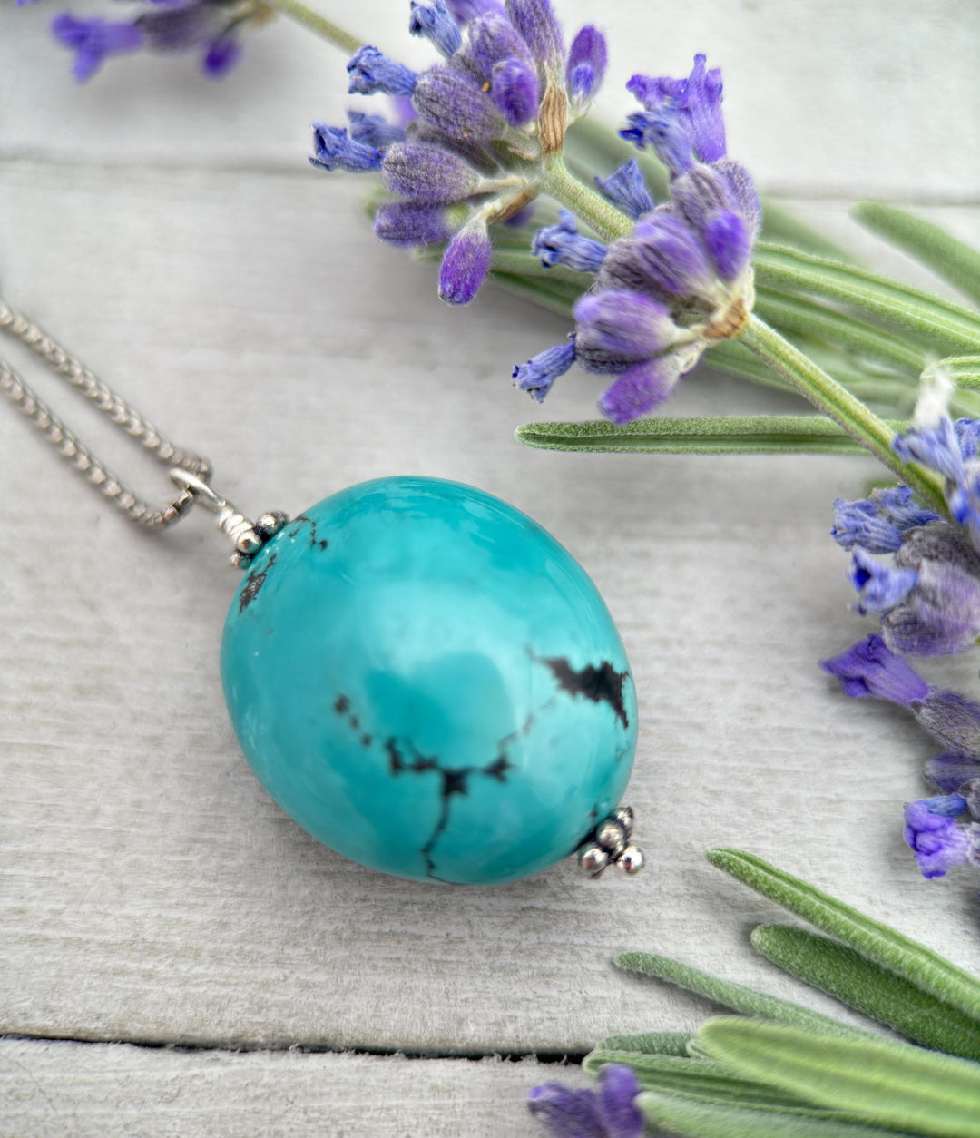 Large Turquoise Pendant on a Sterling Silver Chain - SunlightSilver