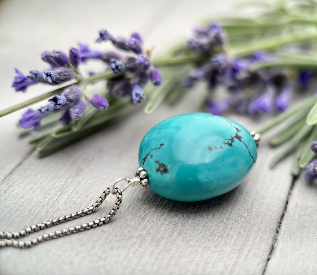 Large Turquoise Pendant on a Sterling Silver Chain - SunlightSilver