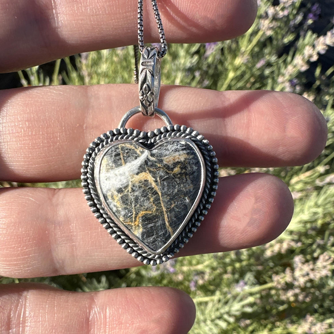 Nevada White Buffalo and Sterling Silver Heart Pendant - SunlightSilver