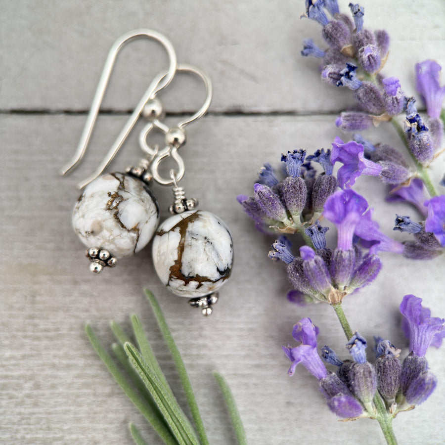 Nevada White Buffalo Earrings | Sterling Silver | Black & White Gemstone Jewelry | Western Gift for Her - SunlightSilver