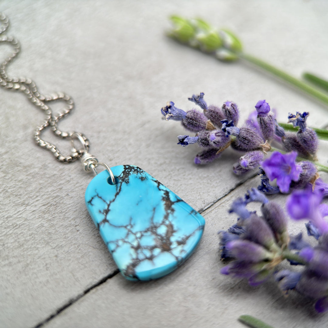 AAA Blue Turquoise Pendant on a Sterling Silver Chain. Necklace - SunlightSilver