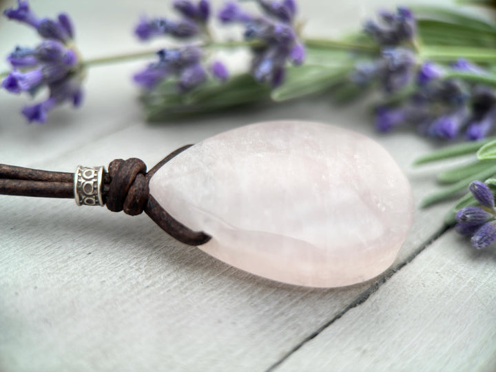 Light Pink Rose Quartz Pendant Leather Necklace - SunlightSilver