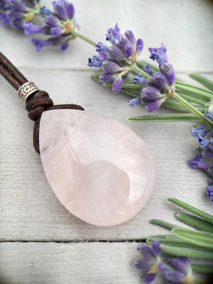 Light Pink Rose Quartz Pendant Leather Necklace - SunlightSilver