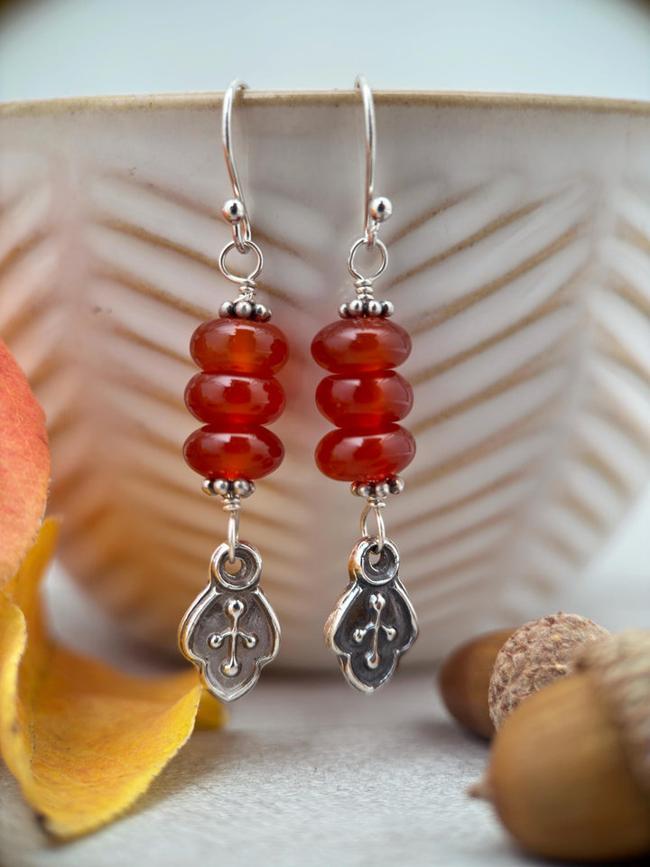 Red-Orange Carnelian and Sterling Silver Leaf Charm Earrings - SunlightSilver