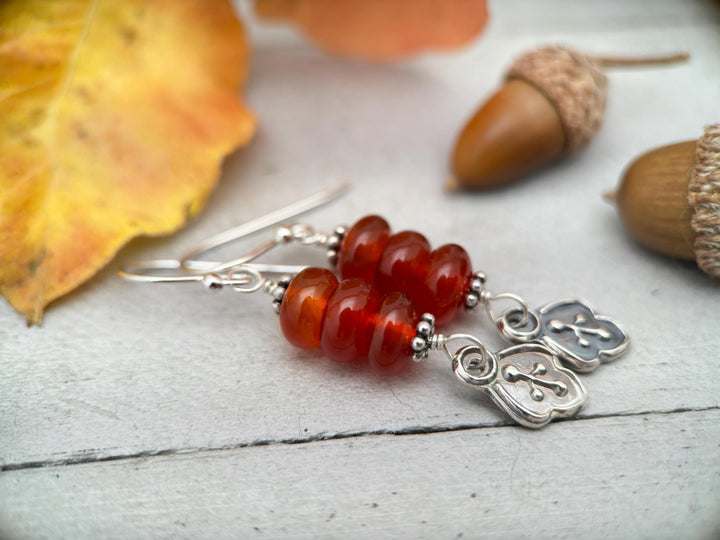 Red-Orange Carnelian and Sterling Silver Leaf Charm Earrings - SunlightSilver