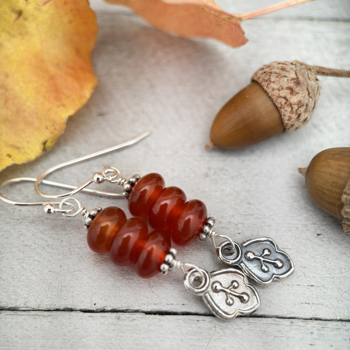 Red-Orange Carnelian and Sterling Silver Leaf Charm Earrings - SunlightSilver