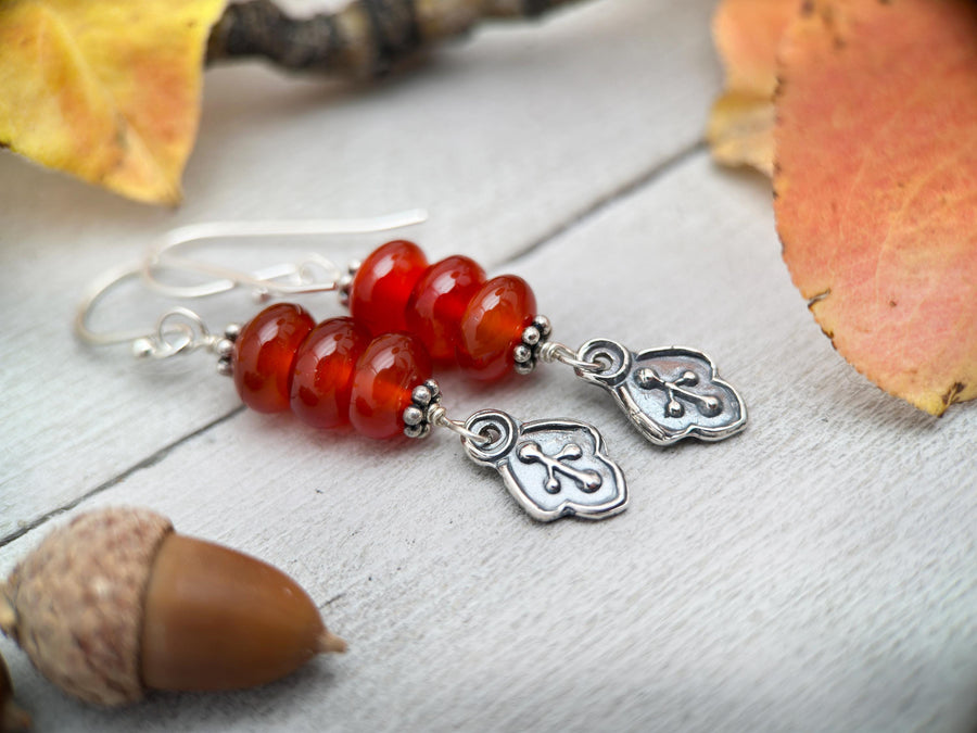 Red-Orange Carnelian and Sterling Silver Leaf Charm Earrings - SunlightSilver