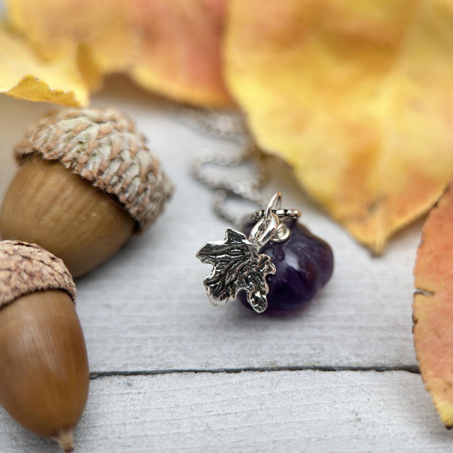 Gemstone Tiny Pumpkin and Sterling Silver Leaf Pendant - Carnelian, Amethyst, or White Opal - Fall Autumn Halloween Jewelry - SunlightSilver