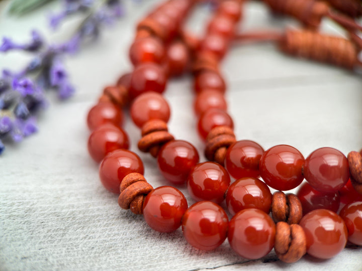 Orange Carnelian and Leather Stacking Bracelet - SunlightSilver