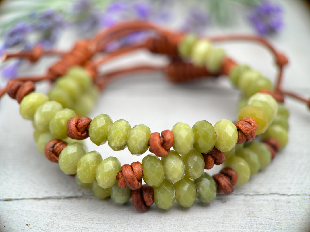 Natural Faceted Green Jade and Rustic Brown Leather Layering Bracelet - SunlightSilver