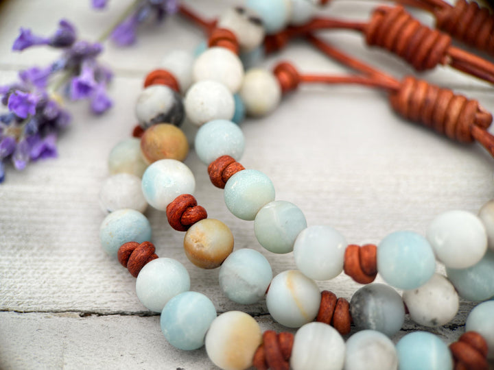 Multicolor Amazonite Gemstone and Rustic Brown Leather Bracelet - SunlightSilver