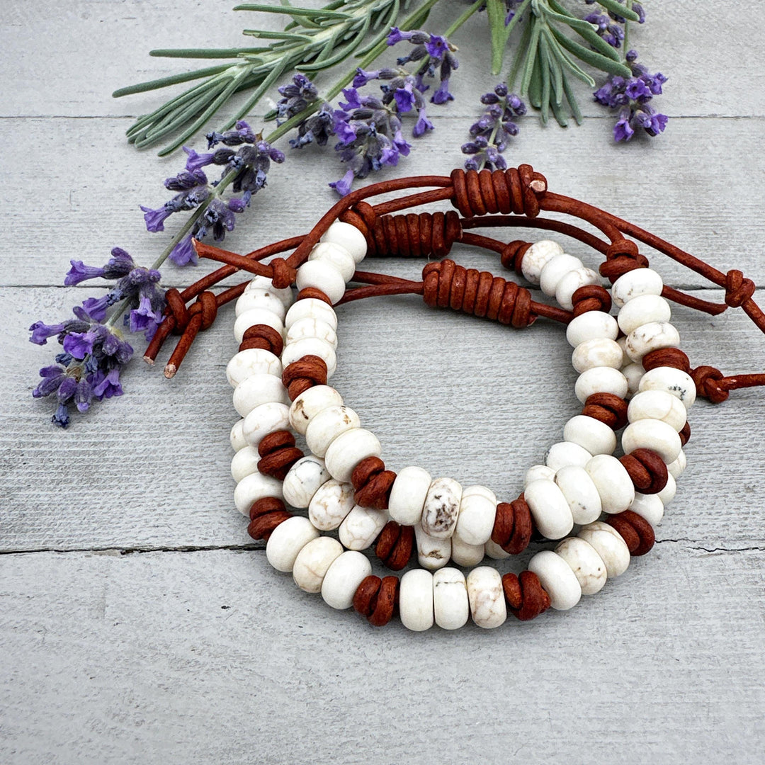 White Magnesite Gemstone and Rustic Brown Leather Stacking Crystal Bracelet - SunlightSilver