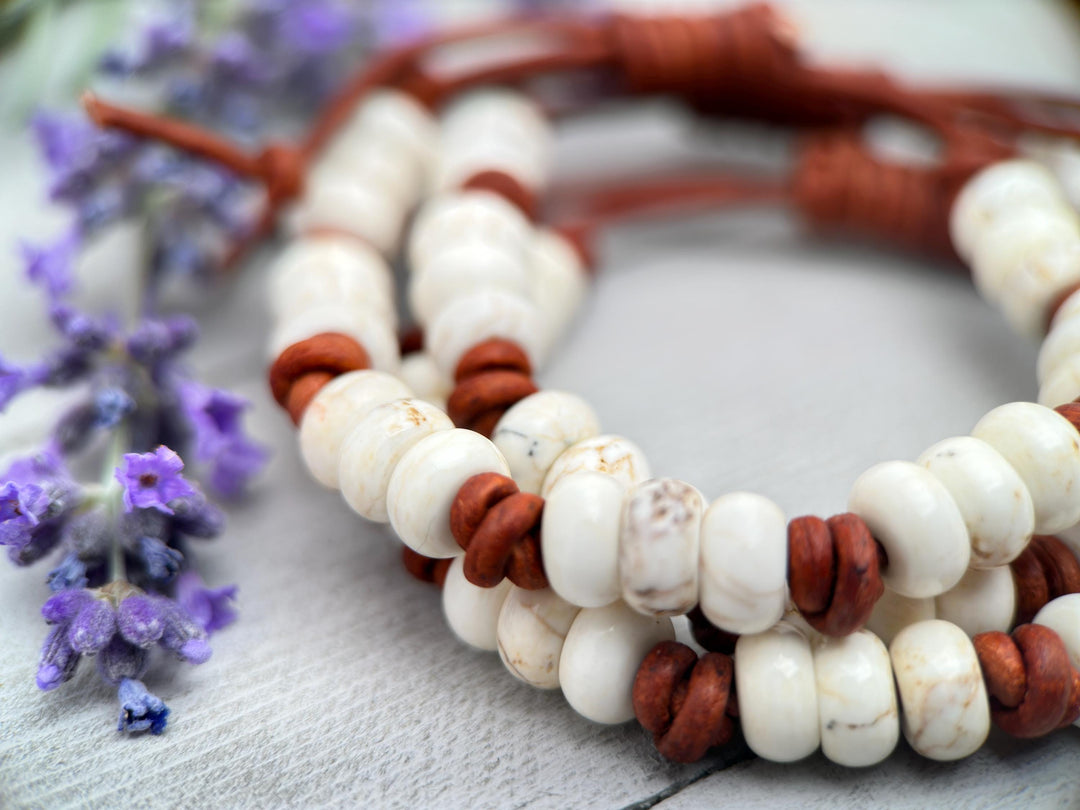 White Magnesite Gemstone and Rustic Brown Leather Stacking Crystal Bracelet - SunlightSilver