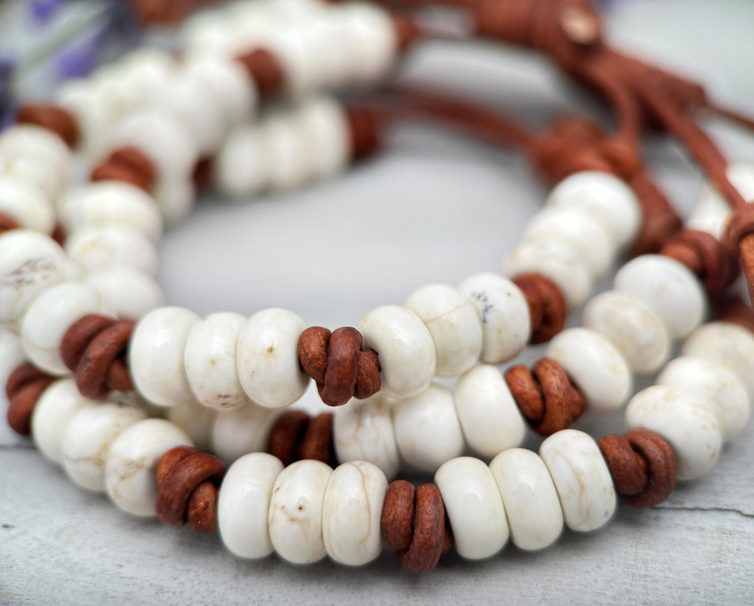 White Magnesite Gemstone and Rustic Brown Leather Stacking Crystal Bracelet - SunlightSilver